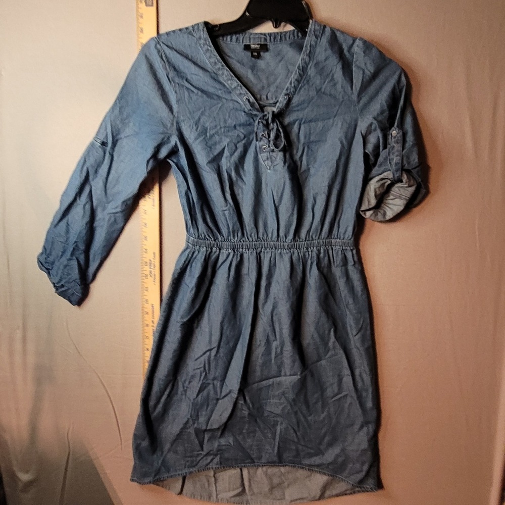 Mossimo Supply Co Denim Shirt Dress Blue Lace Up V-Neck Elastic Waist XS Womens